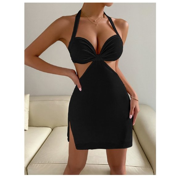 Backless Halter Neck Cut Out Dress Hollow Out Micro Mini Black Cocktail Dress - Picture 7 of 8
